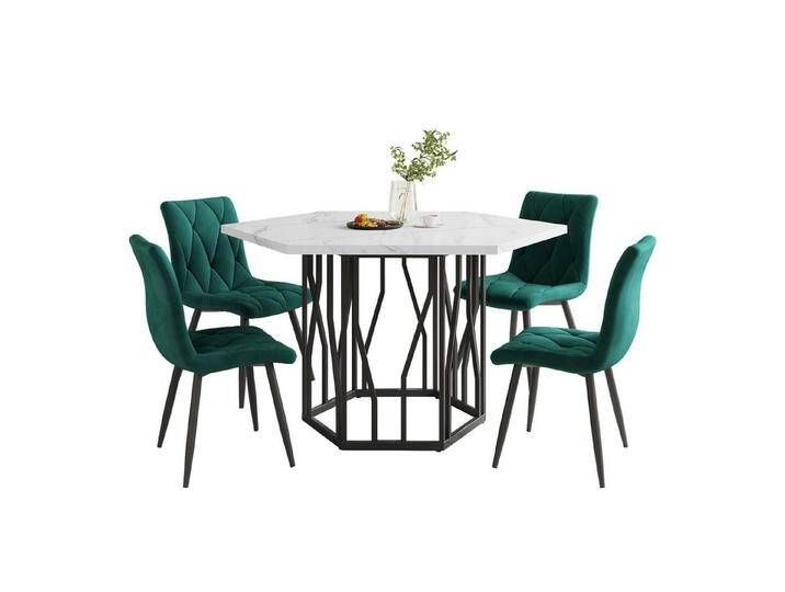 MODFU Essgruppe Sitzgruppe Set, (Esstisch- und Stuhlset, 5-tlg., 1 Tisch mit 4 Stühlen), sechseckiger Esstisch mit Marmormusterarbeitsplatte, Grün von OTTO