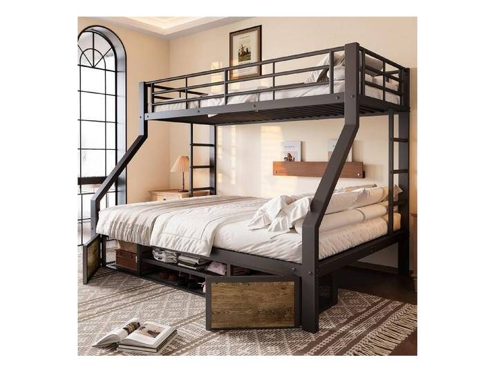 MODFU Etagenbett mit Stauraumfächern (Kinderbett mit Schutzgeländer und stabiler Leiter, Metallbett 90×200 cm & 140×200 cm), ohne Matratze, schwarz von OTTO