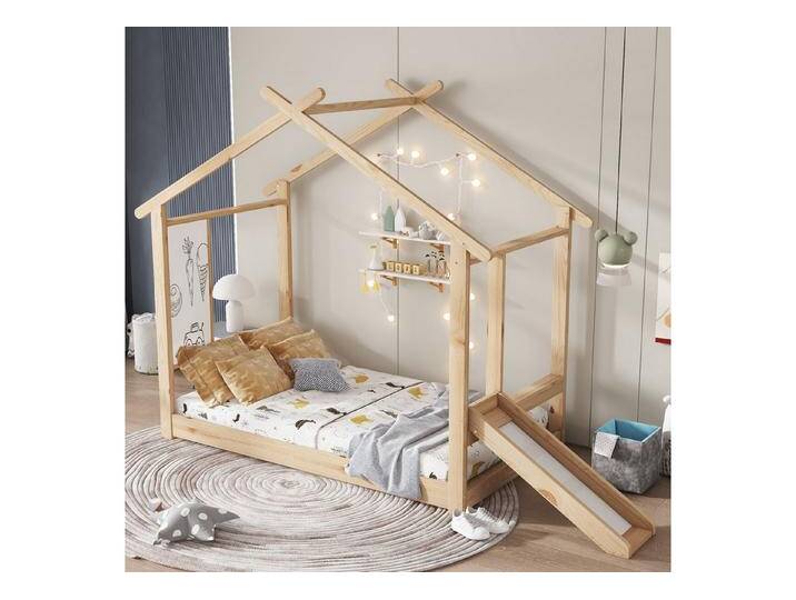 MODFU Kinderbett mit lustiger Rutsche & beschreibbarer Tafel (Einzelbett mit Dachdesign, Holzbett 90x200cm), Inklusive Matratze, beige von OTTO