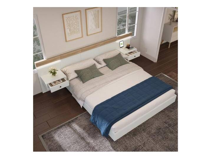 MODFU Massivholzbett Nachttisch mit LEDs im schwebenden Look (205x244x90.5 cm,ohne-Matratze, inklusive 2 Nachttische), USB Typ-C Ladefunktion und EU-Steckdose von OTTO