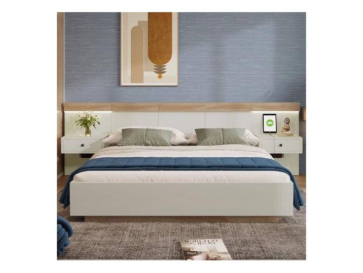 MODFU Massivholzbett Nachttisch mit LEDs im schwebenden Look (205x264x90.5 cm,ohne-Matratze, inklusive 2 Nachttische), USB Typ-C Ladefunktion und EU-Steckdose von OTTO