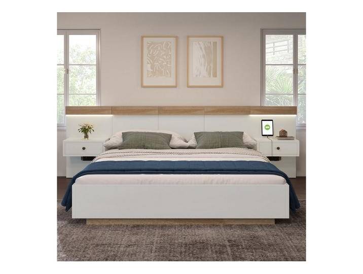 MODFU Massivholzbett Nachttisch mit LEDs im schwebenden Look (205x284x90.5 cm,ohne-Matratze, inklusive 2 Nachttische), USB Typ-C Ladefunktion und EU-Steckdose von OTTO