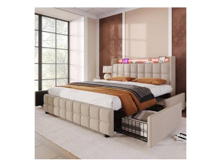 MODFU Polsterbett Bett mit Bettgestell (mit aufladen USB Ladefunktion LED-Beleuchtung und 2 Schubladen, 90 x 200 cm Inklusive-Matratze), beige, Schubladen: 2 St. von OTTO