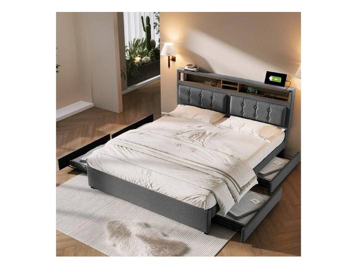 MODFU Polsterbett Bett mit USB-Typ-C-Anschluss und Steckdose (163x204x92-104CM,ohne-Matratze, Lattenrost aus Massivholz), mit 4 Schubladen & Kopfteil-Fächern, grau von OTTO