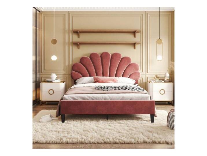MODFU Polsterbett Funktionsbett (mit Blumen-Kopfteil & Lattenrost, Hautfreundliches Samtbett, Doppelbett 140x200 cm), Ohne Matratze, rot, Ohne hydraulischen Stauraum von OTTO