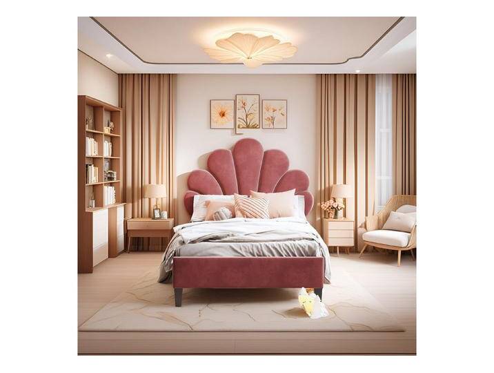 MODFU Polsterbett Funktionsbett (mit Blumen-Kopfteil & Lattenrost, Hautfreundliches Samtbett, Kinderbett 90x200 cm), Ohne Matratze, rot, Ohne hydraulischen Stauraum von OTTO