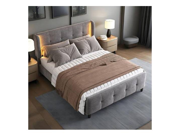 MODFU Polsterbett Funktionsbett mit 16-Farbiger LED-Beleuchtung, Verstellbarem Kopfteil (Doppelbett, Gesteppte Kopf- und Fußteil, Samtbezug, Stabiler Lattenrost, 140x200cm), Ohne Matratze von OTTO