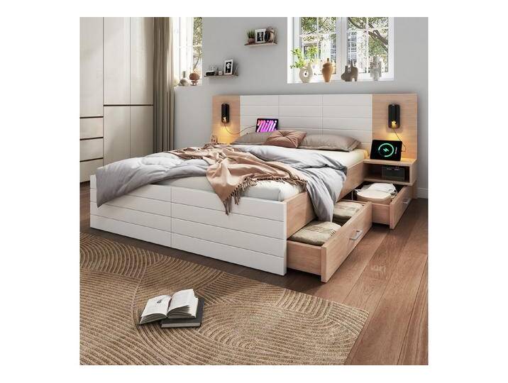 MODFU Polsterbett Holzbett Funktionsbett (Doppelbett, Holzbett, 1-tlg., 180×200cm, Ohne Matratze), mit 2 Schubladen, 2 Nachtkommode, Leselicht&USB Ladefunktion von OTTO