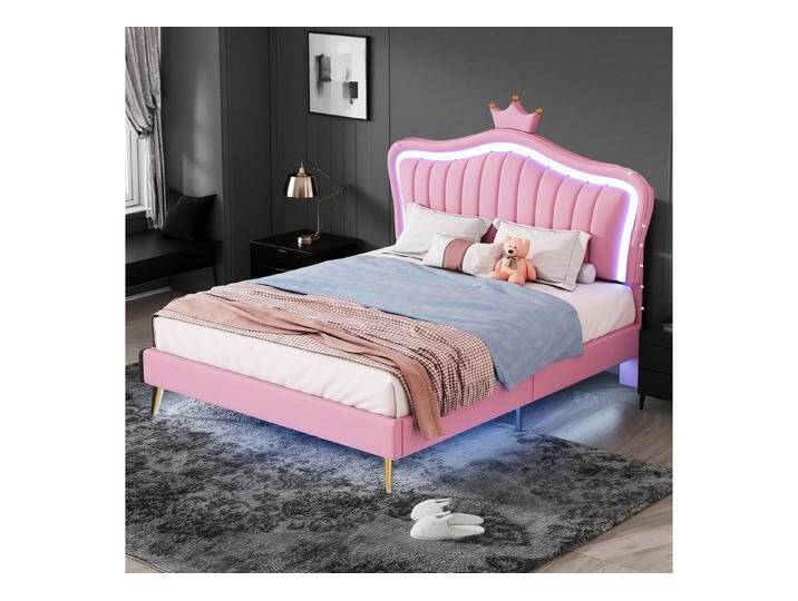 MODFU Polsterbett Kinderbett mit LED-Lichtern (mit Krone & Muschel-Design, Lattenrost & Verstellbare Rückenlehne, 140x200 cm), ohne Matratze, rosa von OTTO