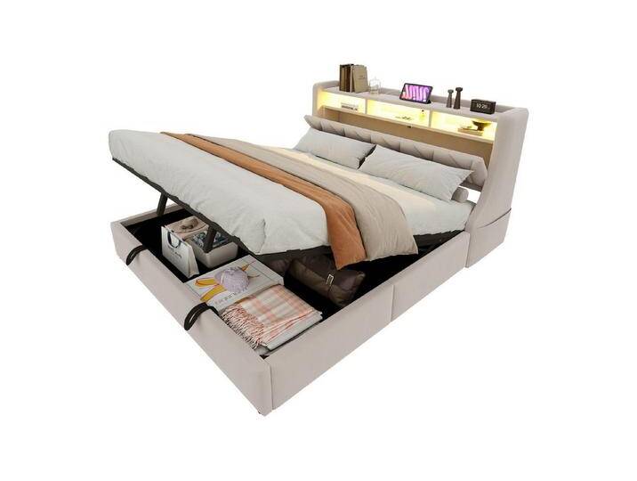 MODFU Polsterbett Umklappbarem Kopfteil mit Stauraum (mit Hydraulischem Stauraum, Steckdosen, LED-Beleuchtung und Samtstoff, Doppelbett mit USB-Anschlüssen und breiten Bettbeinen 180 x 200 cm), ohne Matratze, beige von OTTO