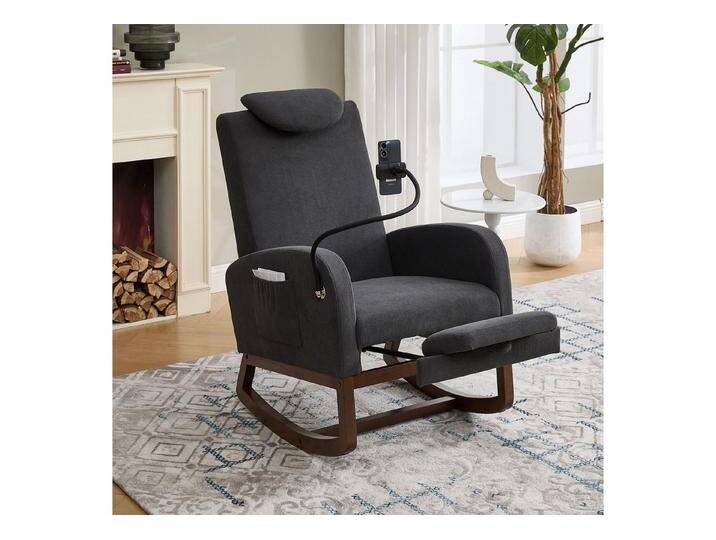 MODFU Schaukelsessel Ergonomischer Kopfstütze & hoher Rückenlehne (Schaukelstuhl Relaxsessel mit ausziehbarer Fußstütze und Seitentasche, Cordbezug), grau von OTTO