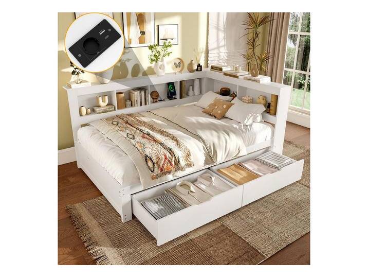 MODFU Schlafsofa Holzbett, mit zwei Schubladen, Kinderbett mit USB & Steckdose, Inklusive Matratze, weiß, Inklusive Matratze von OTTO