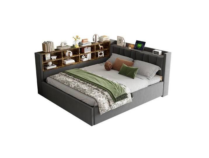 MODFU Schlafsofa Mit Hydraulischem Stauraum, Nachtlicht, USB & Typ-C Ladeanschlüssen, Samt,Polsterbett mit Ablagen und Staufächern, Multifunktionales Kinderbett 140x200 cm, ohne Matratze, grau von OTTO