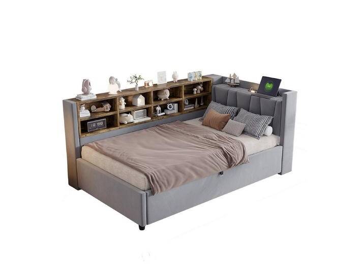 MODFU Schlafsofa Mit Hydraulischem Stauraum, Nachtlicht, USB & Typ-C Ladeanschlüssen, Samt,Polsterbett mit Ablagen und Staufächern, Multifunktionales Kinderbett 90x200 cm, ohne Matratze, grau von OTTO