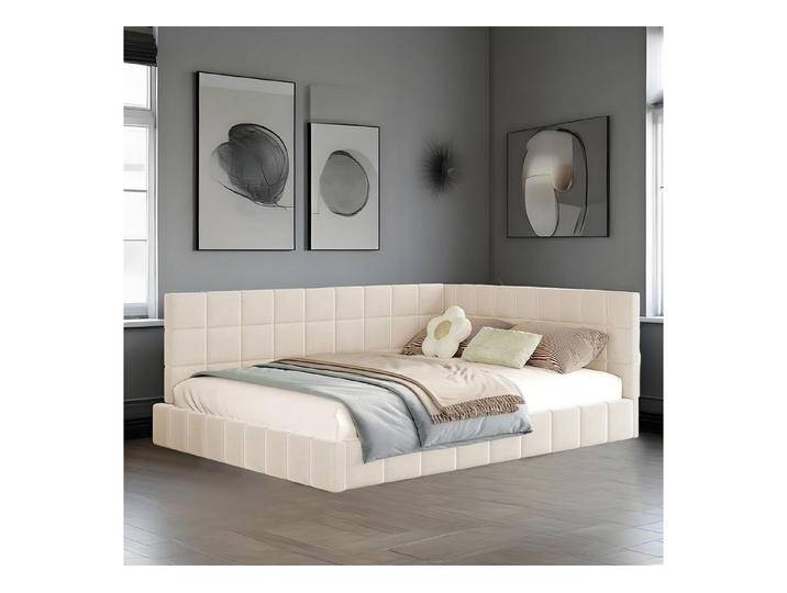 MODFU Schlafsofa Polsterbett, 140x200 cm mit Lattenrost, Hautsympathischer Samtstoff, Klassisches Design, Funktionsbett Kinderbett mit Verstellbare Rückenlehne, Stabile Konstruktion, Ohne Matratze, beige von OTTO