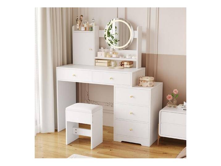 MODFU Schminktisch Kosmetiktisch (Schminktisch mit LED, Hocker & Steckdosen – 5 Schubladen & Türfach für Schlafzimmer, Jugendzimmer & Geschenkideen – dimmbare Beleuchtung in 3 Farben, 1-St., B90 × H132 × T40 cm), Mit Kippsicherung von OTTO
