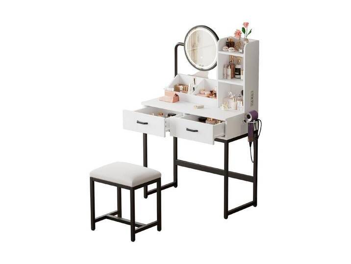 MODFU Schminktisch Kosmetiktisch (mit LED-Beleuchtung & drehbarem Spiegel – Inklusive Hocker und goldenen/schwarzen Metallbeinen, 2 Schubladen & 2 Ablageflächen., B80D40/H138.5 cm) von OTTO