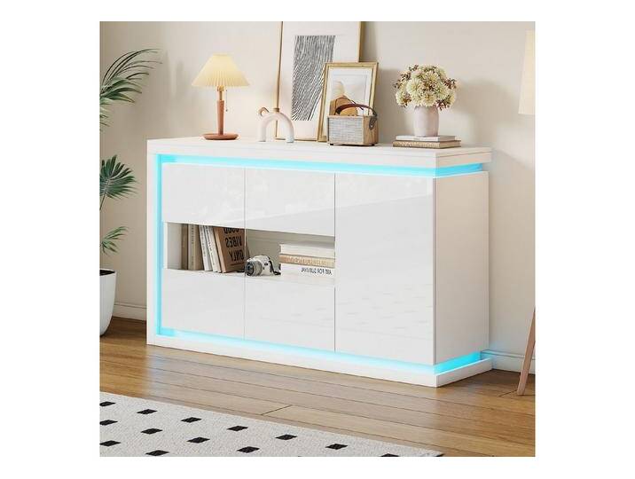 MODFU Sideboard Hochglanz-LED-Sideboard mit Glastüren (Beistellschrank, Wohnzimmerschrank, 1 St., 140x40x84 cm), One-Touch Beleuchtung, weiß von OTTO