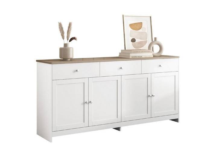MODFU Sideboard mit weißer Holzmaserung (Kommode Aufbewahrungsschrank, 1 St., mit drei Schubladen und vier Klappen), im Landhausstil, Schubladen: 3 von OTTO