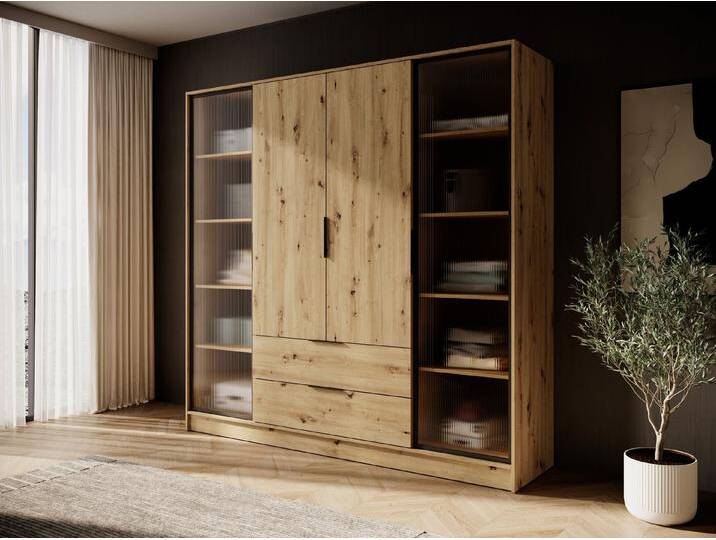MOEBLO Drehtürenschrank SEVIA (Moderner und funktionaler Schrank mit verstellbaren Regalen und Schubladen, Kleiderschrank 4-türig Schrank Garderobe Schlafzimmer mit/ohne Spiegel, mit/ohne Vitrinen - und Schubladen) (BxHxT): 206x200x51 cm, braun von OTTO
