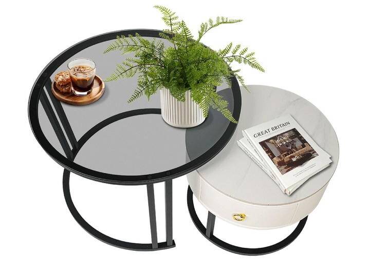MULISOFT Couchtisch 2er Set Wohnzimmertisch mit Schublade (Metallmaterial, rund Tischplatte aus Rauchglas and Marmor), Kaffeetisch Satztisch Sofatisch von OTTO
