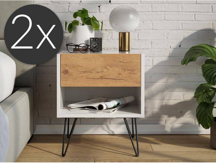 Magnolia Home Nachttisch 2er Set Nachttisch Dion 40cm SoftClose stehend Weiß & Eiche Front, Oak Gold / Weiss hochglanz von OTTO