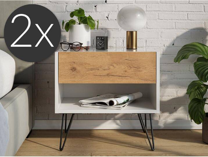 Magnolia Home Nachttisch 2er Set Nachttisch Dion 50cm SoftClose stehend Weiß & Eiche Front, Oak Gold / Weiss hochglanz von OTTO