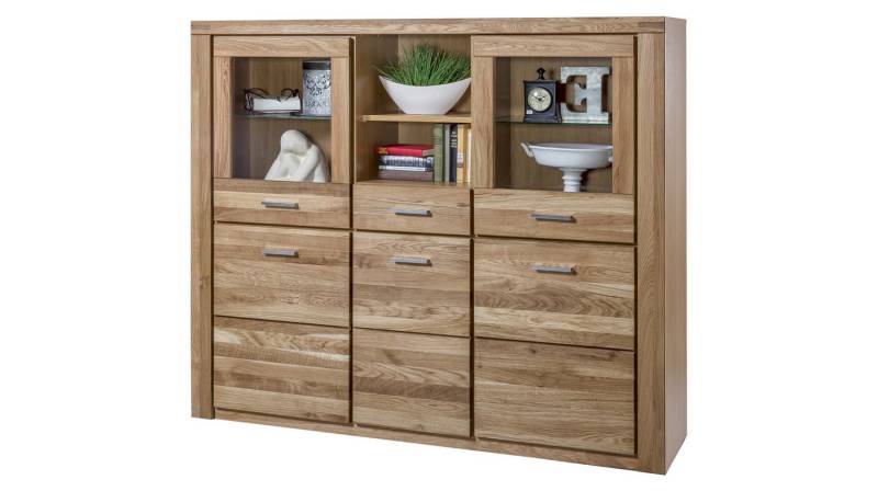 Massivart® Highboard FREYJA 159 cm / Massivholz Wildeiche geölt / Metallgriffe, 3 Holztüren / 2 Glastüren / 2 offene Fächer / Schublade von Massivart®