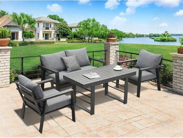 MeXo Gartenlounge-Set Gartenmöbel Set mit Esstisch 4 Personen Alu wetterfest bequeme Lehne, (einteiliges 10cm Premium-Sitzkissen, 4-tlg., Esstisch 130x66x66cm), Garten Essgruppe Aluminium Dining Lounge, Tischplatte aus WPC von OTTO