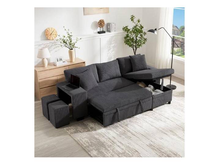 Merax Ecksofa L-förmiges Sofa Schlafsofa mit Schlaffunktion, umbaubares Ecksofa mit Ladeanschluss Stauraum Bücherregal Kissen, grau von OTTO