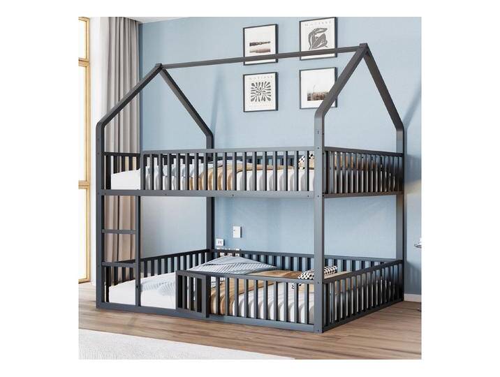 Merax Etagenbett (Jugendbett Kinderbett Stockbett, 1-St), Hohbett Metallbett 140x200cm mit Sicherheitsgeländer Leiter Tür & Dach, schwarz von OTTO