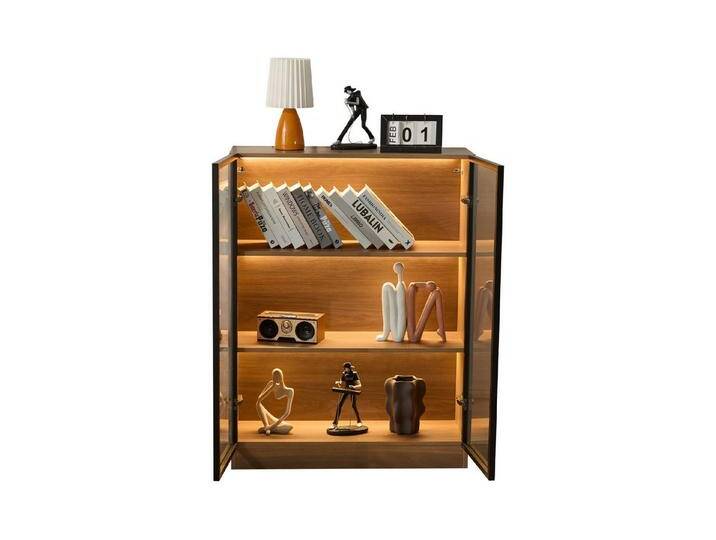 Merax Glasvitrine mit Beleuchtung und 3 Einlegeböden (T32/H106/B80cm) Standvitrine Wandvitrine Sammlervitrine Kommode Sideboard, beige von OTTO