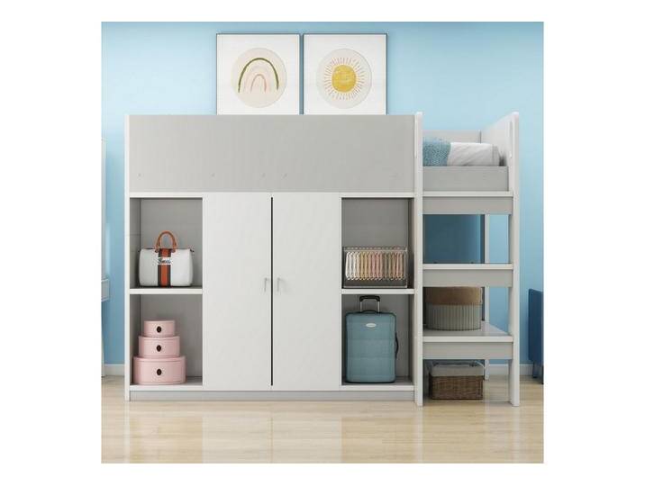 Merax Hochbett (1-St) Kiefernholzbett Kinderbett 90x200cm mit Kleiderschrank Regalen Leiter, grau, Grau von OTTO