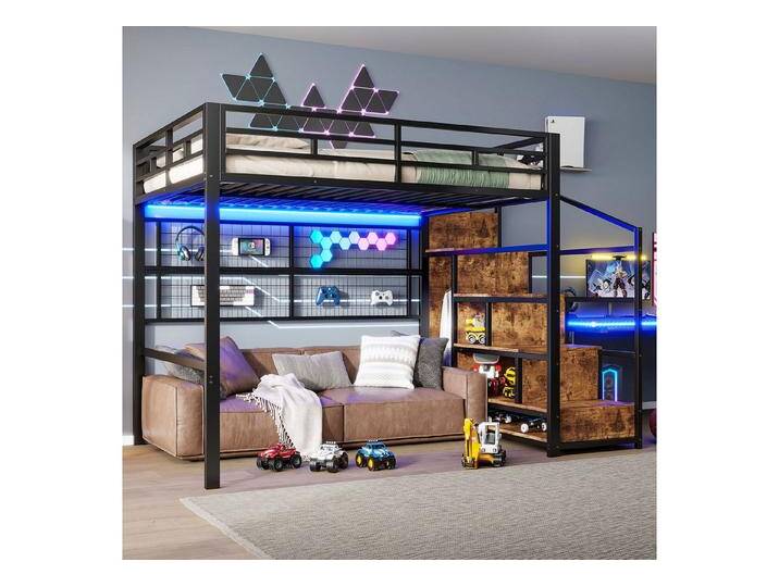 Merax Hochbett 140x200 cm mit LED-Beleuchtung (Doppelbett Jugendbett Kinderbett mit Metallrahmen, 1-St) Metallbett mit Stauraumleiter von OTTO