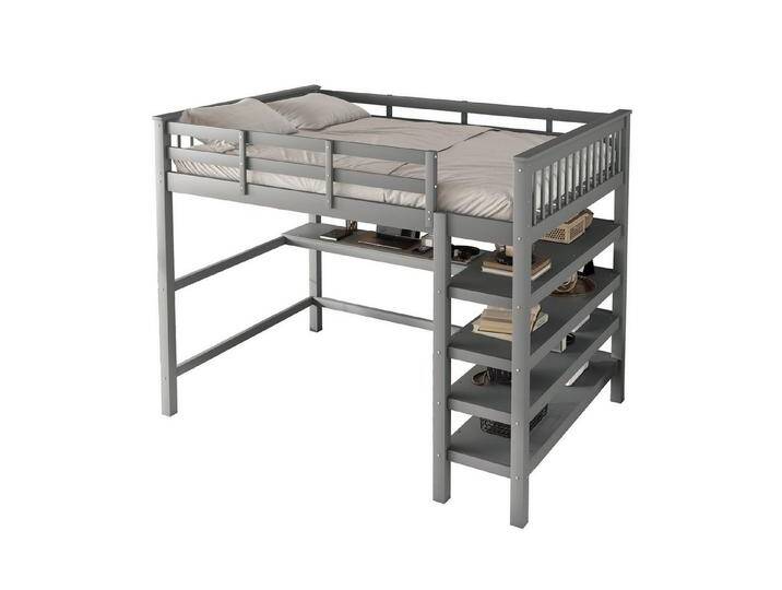 Merax Hochbett 140x200cm mit Rausfallschutz und Lattenrost Etagenbett mit Schreibtisch und Regal, Kinderbett aus Kiefer, grau, Grau von OTTO