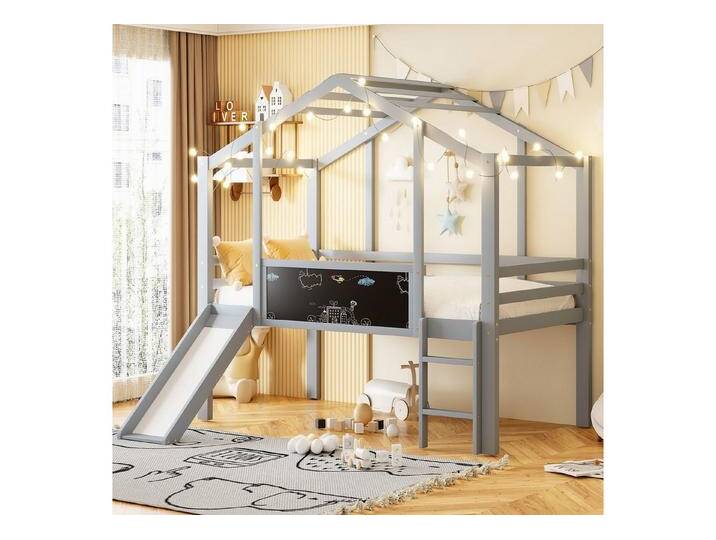 Merax Hochbett im Hausstil (1-St., Etagenbett Jugendbett Einzelbett) Massivholz Kinderbett 90x200cm mit Rutsche, Leiter, Tafel & Dach, grau von OTTO