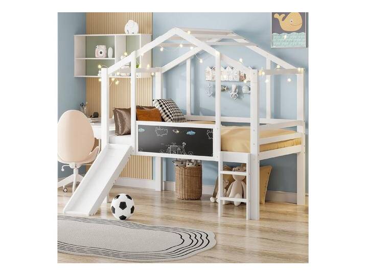 Merax Hochbett im Hausstil (1-St., Etagenbett Jugendbett Einzelbett) Massivholz Kinderbett 90x200cm mit Rutsche, Leiter, Tafel & Dach, weiß von OTTO