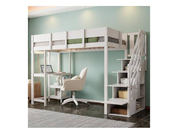 Merax Hochbett mit Aufbewahrungstreppe, Ablageregal & Schreibtisch (Jugendbett Einzelbett, 1-St) Kieferholz Kinderbett 90x200cm mit hoher Umrandung & Stauraum von OTTO