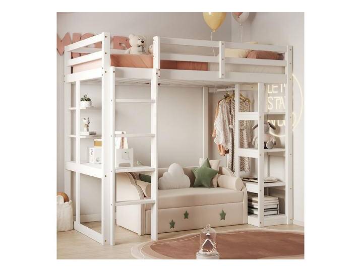 Merax Hochbett mit Stauraum und Sicherheitsleiter, Kieferholz Jugendbett (1-St) Kinderbett 90x200cm mit Schreibtisch Regalen und offener Garderobe von OTTO