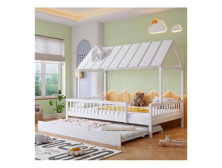 Merax Kinderbett 120x200/190 cm mit Ausziehbett (ohne Matratze), Hausbett mit 3-seitigem Gitter, Dach mit Kamin, Kieferholz Jugendbett, weiß von OTTO