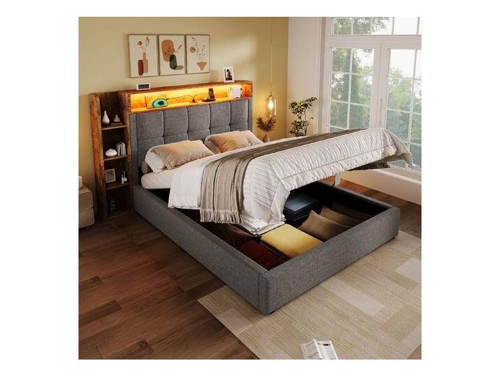 Merax Polsterbett 90x200cm mit LED, USB & Typ-C Ladefunktion (Jugendbett Gästebett Stauraumbett, 1-tlg., LED-Beleuchtung (Touch/App), Mehrzweckbett mit hydraulischem Stauraum & offenen Regalen von OTTO