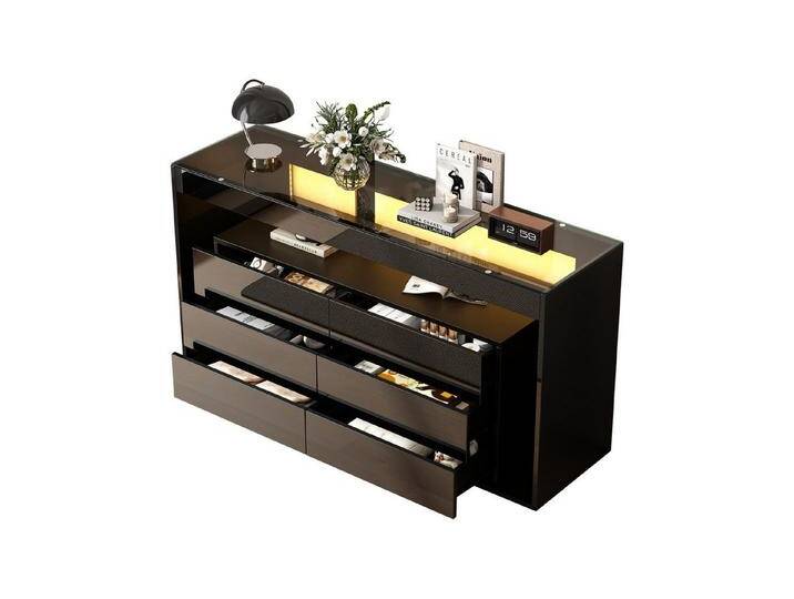 Merax Sideboard Hochglanz Kommode mit LED und Glasplatte (140x40x70cm, 1 St), Wohnzimmerschrank Anrichte mit 6 großen Schubladen & offenes Fach von OTTO