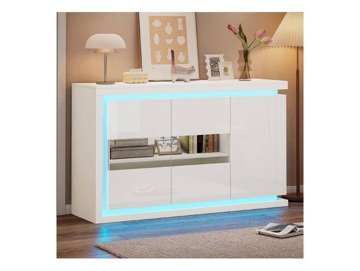 Merax Sideboard hochglanz Weiß Buffetschrank mit LED- Beleuchtung (1 St), Kommode Anrichte mit 3 Türen & verstellbaren Einlegeböden, 140x40x84cm, weiß von OTTO