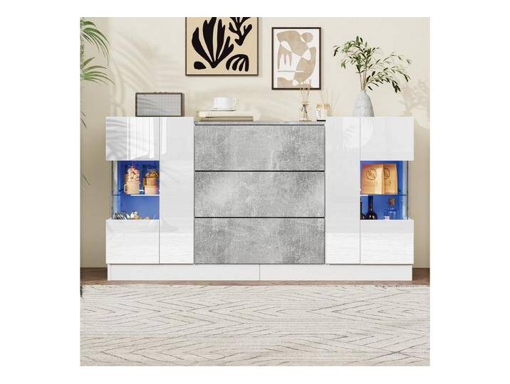 Merax Sideboard in Weiß Hochglanz & Marmoroptik (1 St), Kommode Schrank mit LED, 2 Türen und 3 Schubladen, 140x35x75cm von OTTO