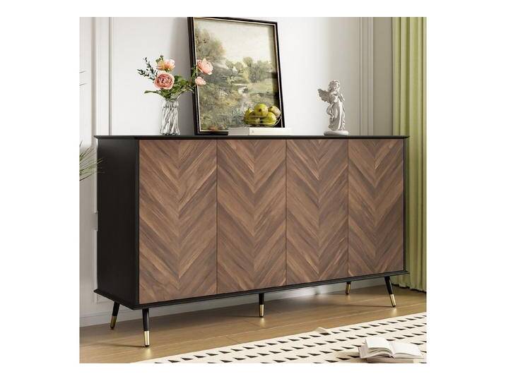 Merax Sideboard mit Fischgrätmuster, schwarzer Korpus & Holzdekor (ideal für Wohnzimmer, Flur & Esszimmer, 1 St., Buffetschrank Anrichte 140x40x80cm), Kommode Buffet mit 4 Türen von OTTO