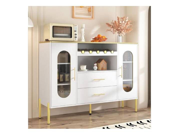 Merax Sideboard mit Glasfronten, integriertem Weinregal & goldfarbenen Aluminiumbeinen (1 St., 120x38x90cm) von OTTO
