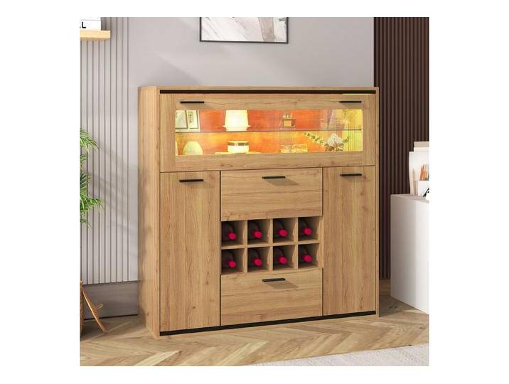 Merax Sideboard mit LED-Beleuchtung in Wildeiche-Optik, großer Stauraum, abnehmbare Weinhalterung und Einlegeböden,Weinschrank, beige von OTTO