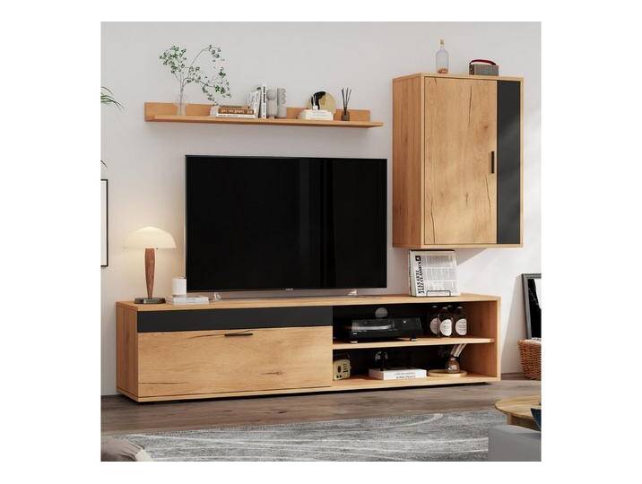 Merax Wohnwand in Holzfarbe, (3-St), 3-teiliges TV-Wohnwand-Set mit V-Schrank, Wandschrank und Wandregal von OTTO