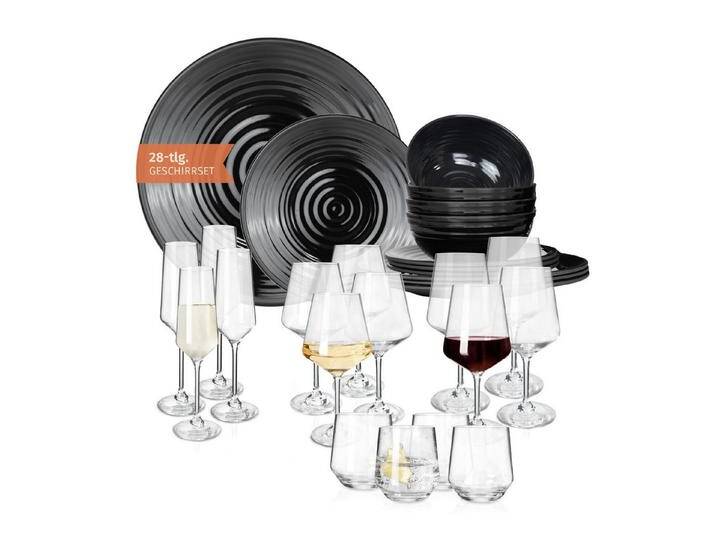Moritz Geschirr-Set 2011647-Variation Stone Dark Black + Milano + Tiamo Gläser, 28 tlg, Geschirrset Campinggeschirr Picknick Geschirr Bootsgeschirr von OTTO