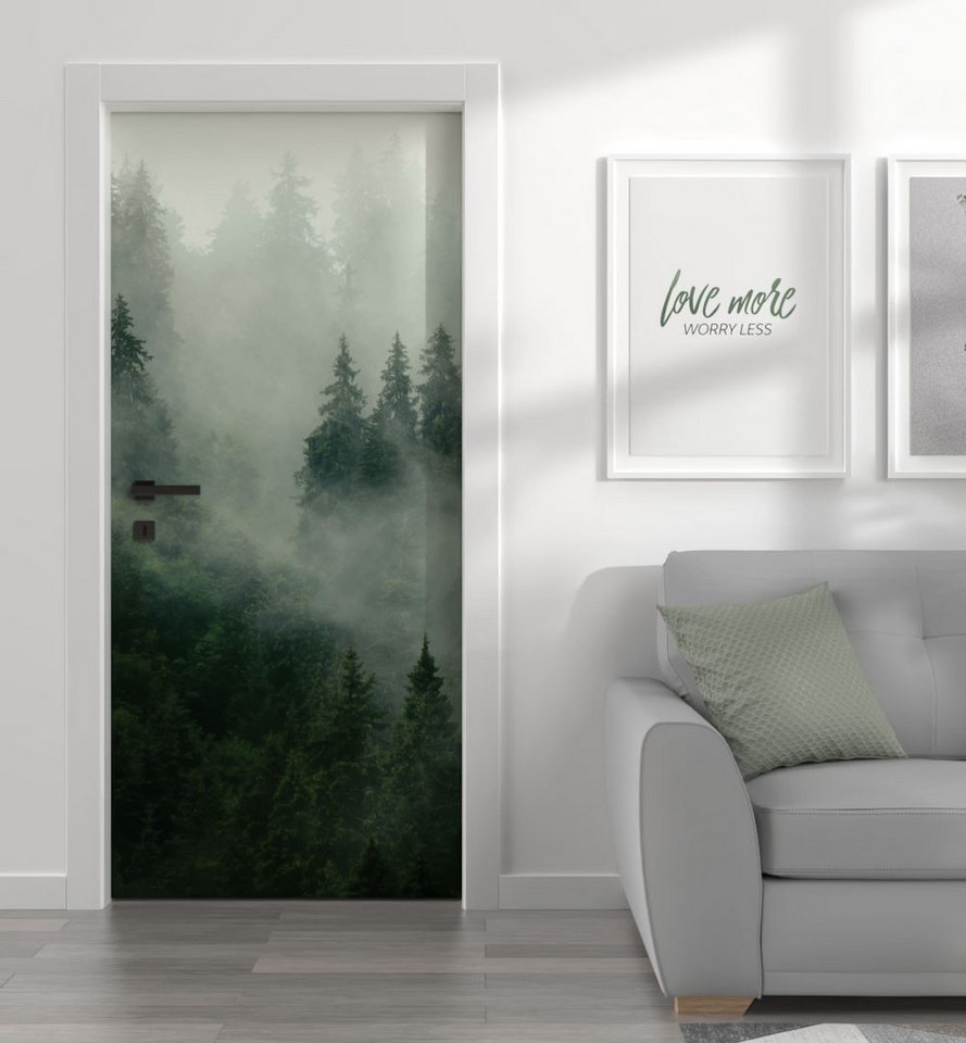 MyMaxxi Dekorationsfolie Türtapete Türposter Türfolie selbstklebend nebliger Wald Türaufkleber, (nebliger Wald, 1St.}, Klebefolie Tür aufgerollt), Selbstklebend von MyMaxxi